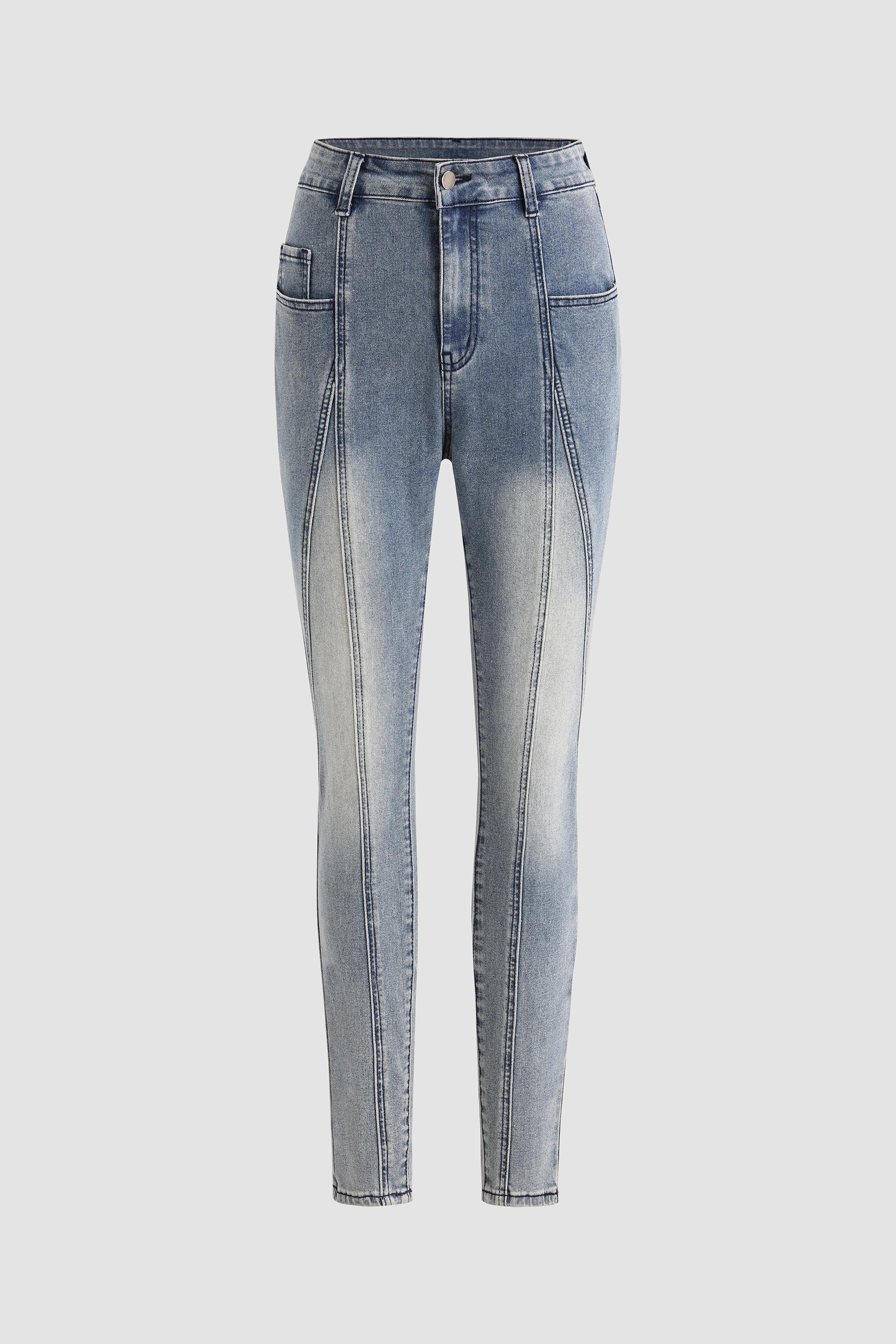 Elengatine Mid Rise Stretch Skinny Jeans - Medium Wash Women's Vintage Light Wash with Contrast Stitch Fit Bottom Fashionable All Seasons Below the Ankle Jeans for Trendy Streetwear and Daily Wear Pants Trouser