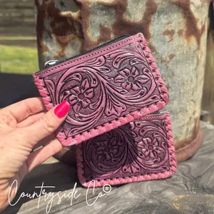 Pink Tooled Leather Pouch, Bag Organizer