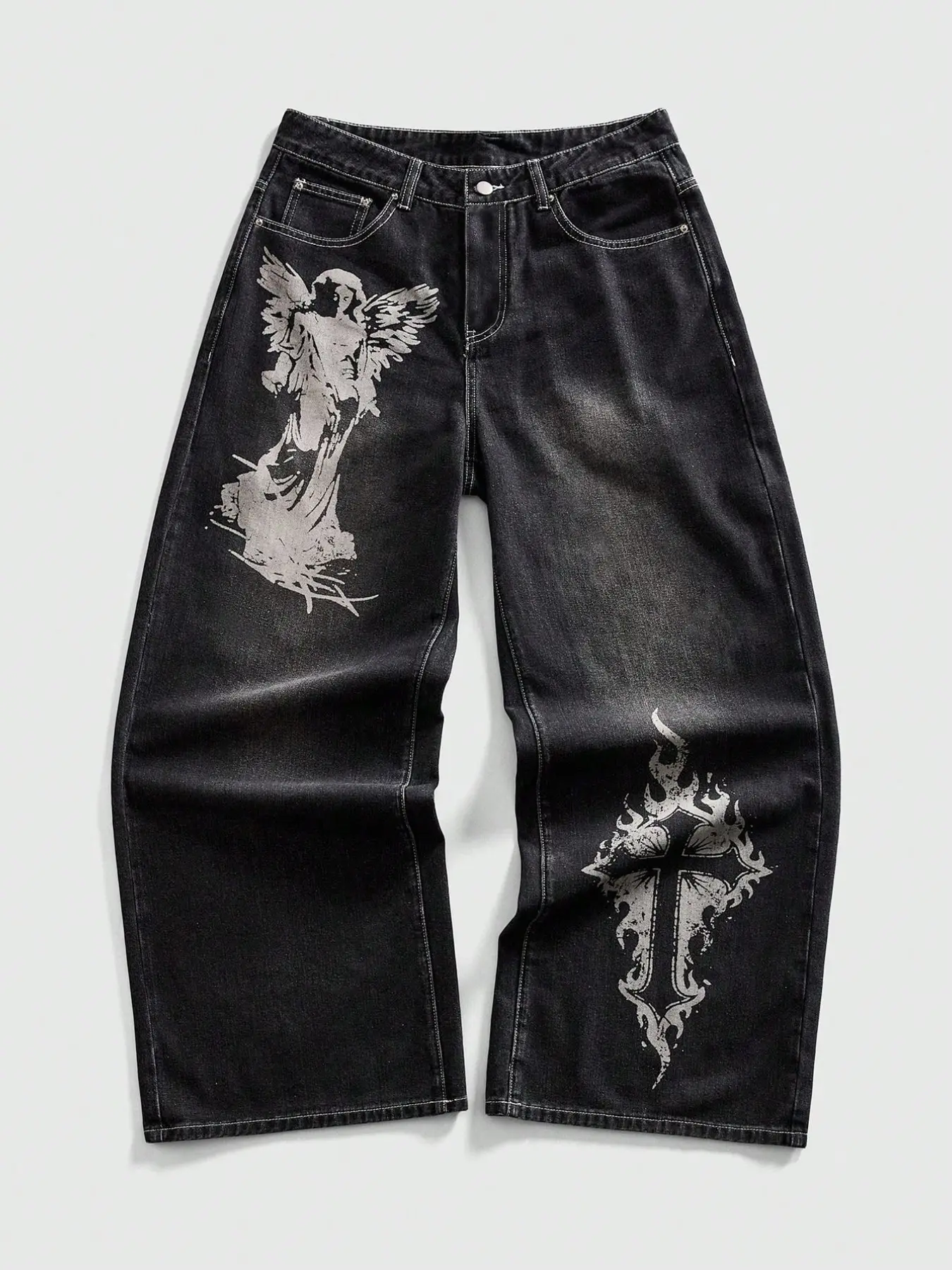 American Street Style Angel & Christ Cross Print Straight-Leg Denim Jeans, Casual Streetwear Jeans, Men's High-End Loose-Fit Long Pants, Trendy & Cool Streetwear