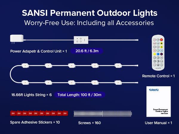 SANSI 100FT Permanent Outdoor Lights 6 x LED Strips Smart LED Lights 90 Scene Modes for Outside DIY Lighting Themes for Halloween Decorations IP67 Waterproof Works with Alexa Google Assistant TikTokShopBlackFriday