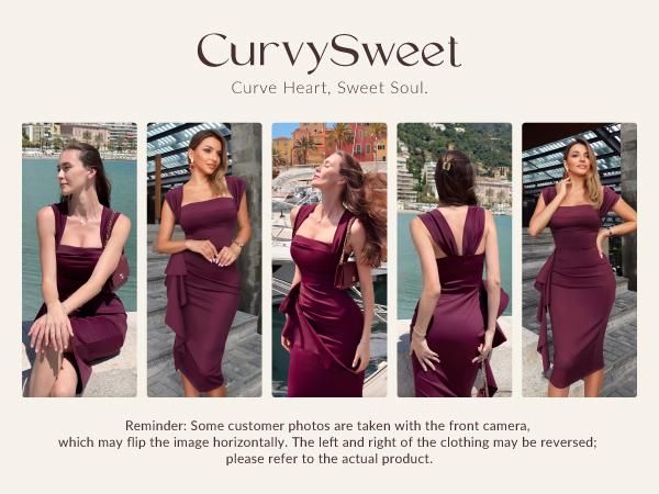 CurvySweet Women's Elegant Sleeveless Bodycon Formal Evening Midi Sheath Dress with Built-in Bra and Square Neck SpringStatements