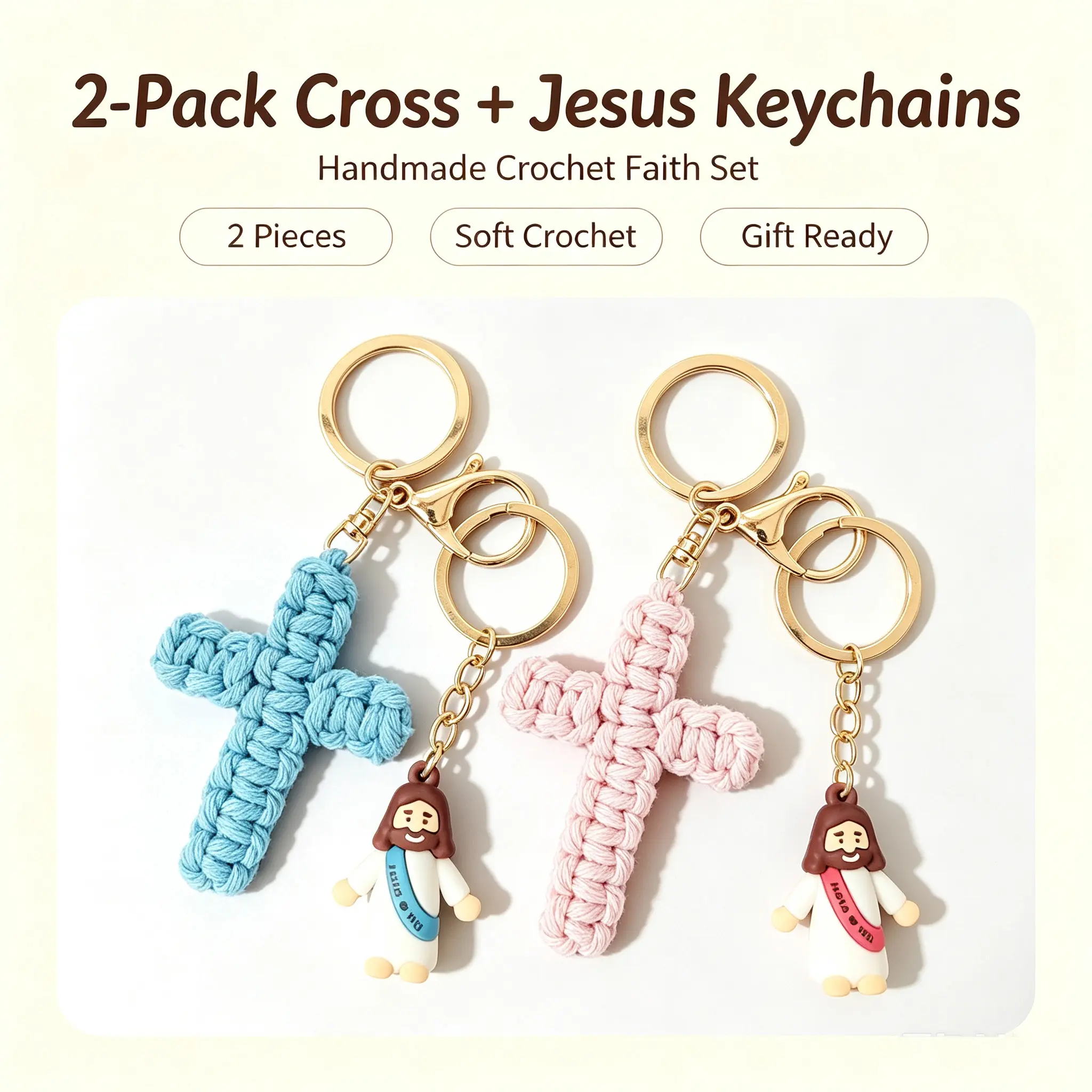 Popular Religious Faith Accessories,2 Pack Handmade Crochet Cross Jesus Doll Keychain,Teen Couple & BFF Backpack Matching Charms,Soft Cotton Alloy Lightweight Pendant,Meaningful Baptism & Back To School Gift For Students Lovers