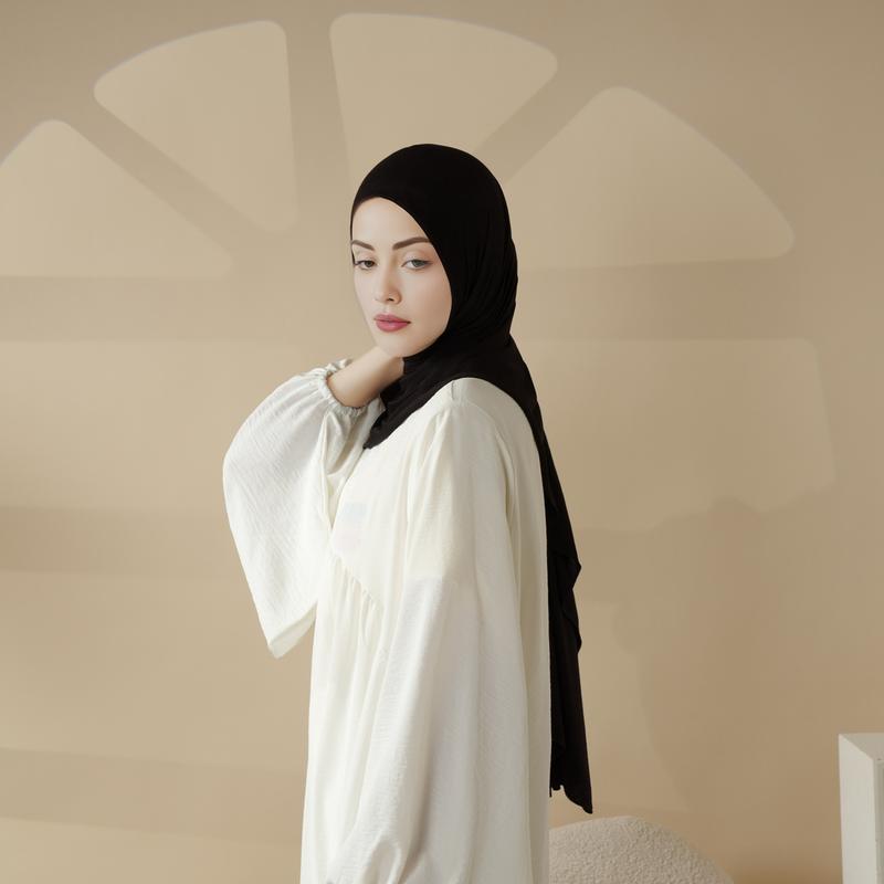 Women Muslim Modern Modesty Chic Solid Color Soft Jersey Hijab Tudung With Basic UnderCap Formal Spun Rayon Lightweight Breathable MH038 Beige Black