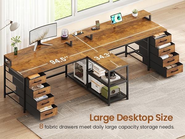 SEDETA 94.5 Inch 2 Person Gaming Desk Long Office Computer Desk with LED Lights 8 Storage Drawers Power Outlet