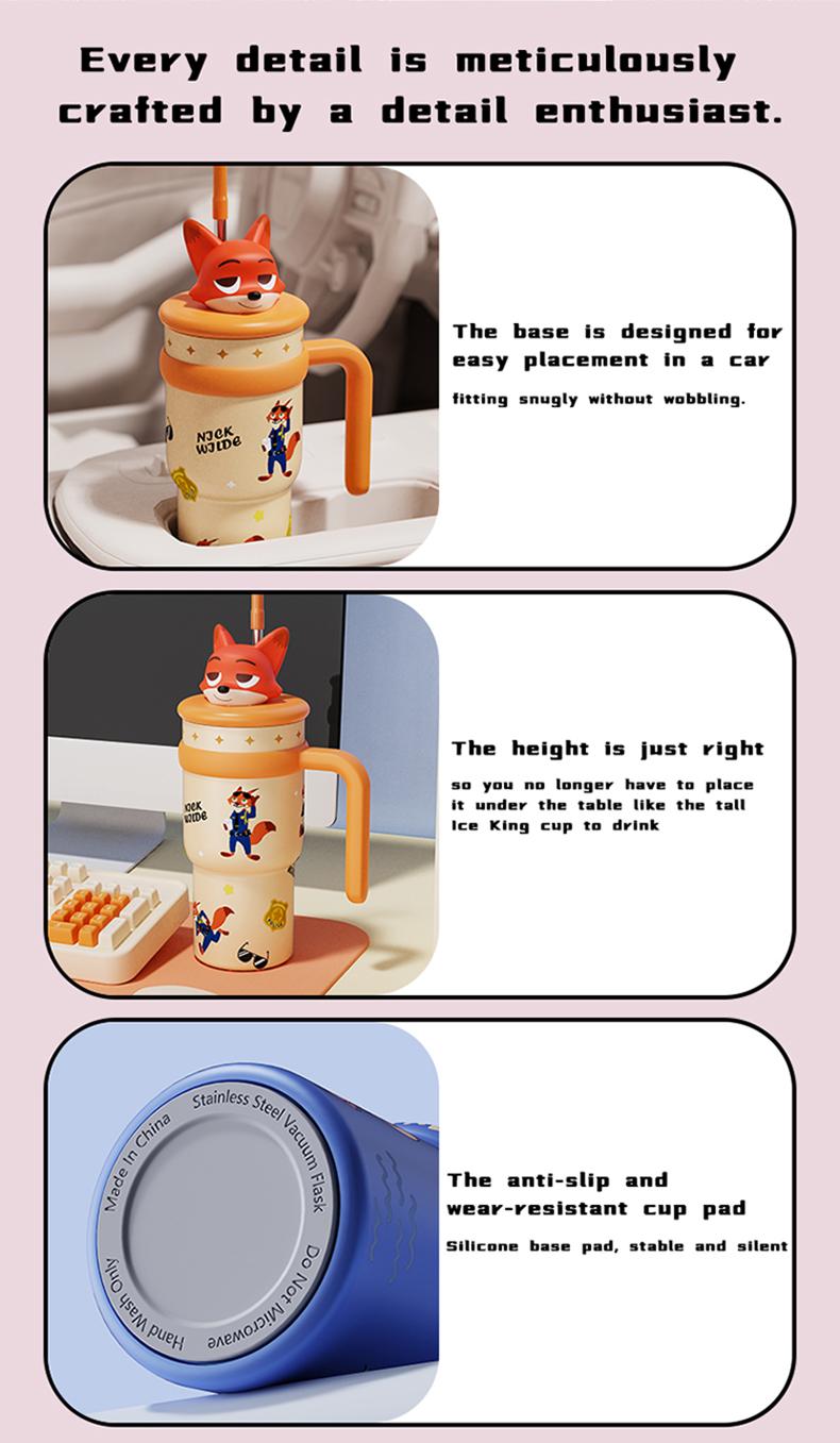 【Special New Year's gift】MINISO Disney Insulated Mug Cartoon Ice Cup with Straw Portable for Office Home and Car Featuring Cute Animal Designs Featuring Judy Hopps Stitch and More