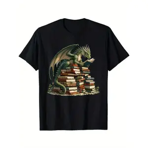 Everyday Men's Plus Size Book Lovers T-Shirt - Dragon Bookworm & Bookshelf Design, Stretchy Fit, L-5XL Black Casual Tee for Fantasy Novelists & Avid Readers, All-Season Apparel, PLUS SIZE