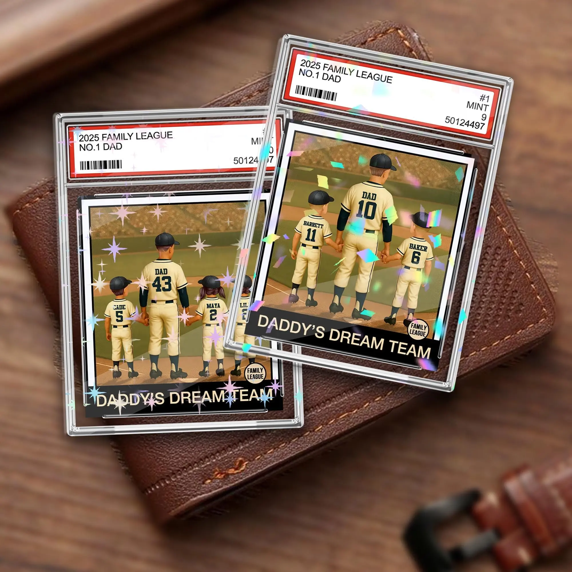 No. 1 Dad & Kids Baseball Trading Card 2D Style, Personalized Baseball Dad Hologram Card, Fathers Day Gift For Dad,Custom Figure Family Card
