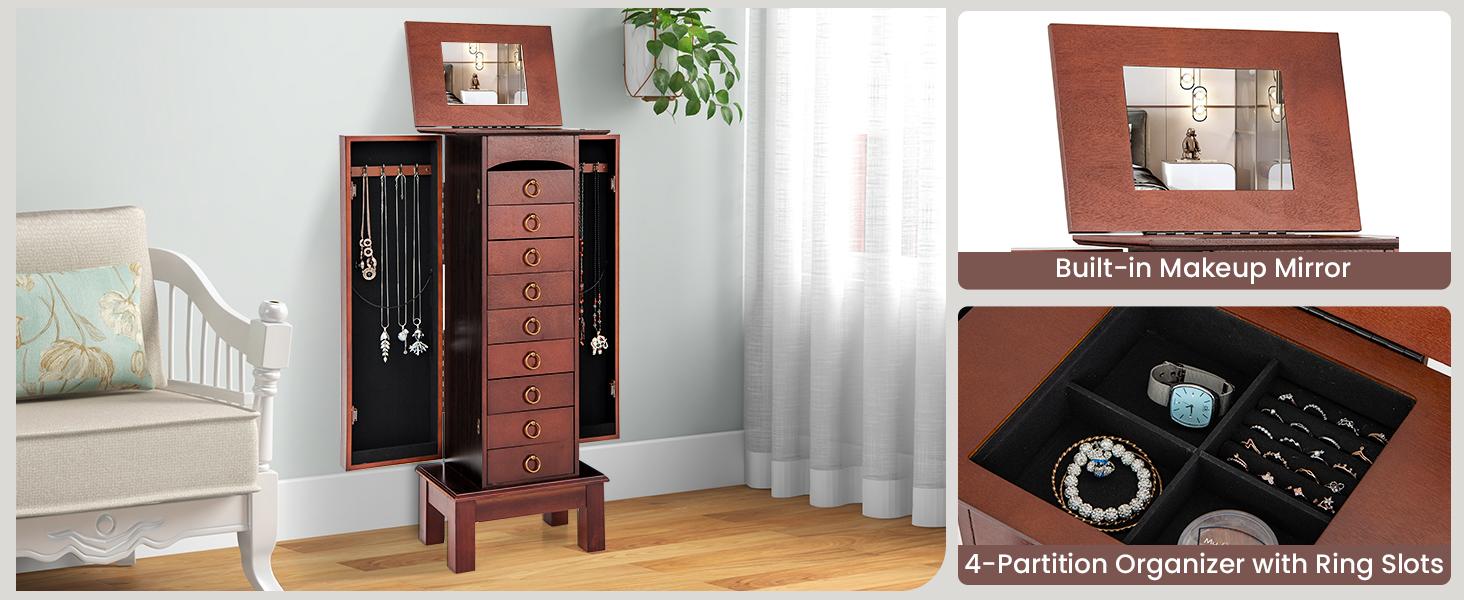 Giantex Large Jewelry Armoire Cabinet with Drawers & Swing Doors Hooks Top Mirror Boxes, Standing Cambered Front Storage Chest Stand, Large Standing Jewelry Armoire, Dark Walnut