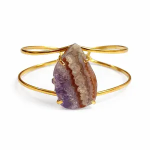 Handmade Amethyst Slice Bracelet for Adults - Adjustable Hypoallergenic Nickel-Free Brass with Natural Raw Crystal for Third Eye & Crown Chakras