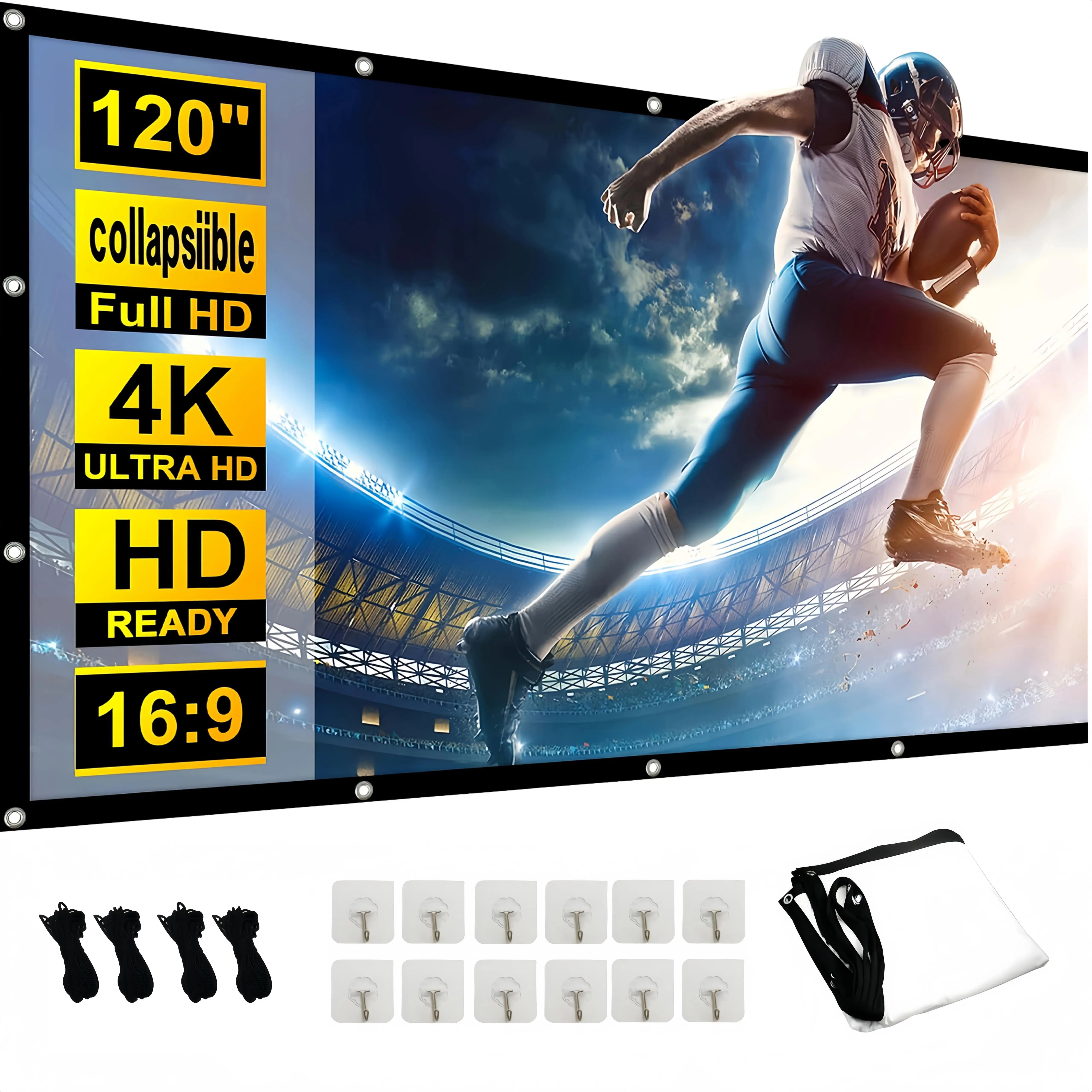 Portable Collapsible Movie Projection Screen - 16:9 Aspect Ratio, Black Backing, Crease-Resist, Anti-Wrinkle, Multi-Size (100-in/120-in), 2 Ropes, Ambient Light-Absorbing, Crisp Vibrant Images, Home Theater/Camping Use, Household Appliance Accessory
