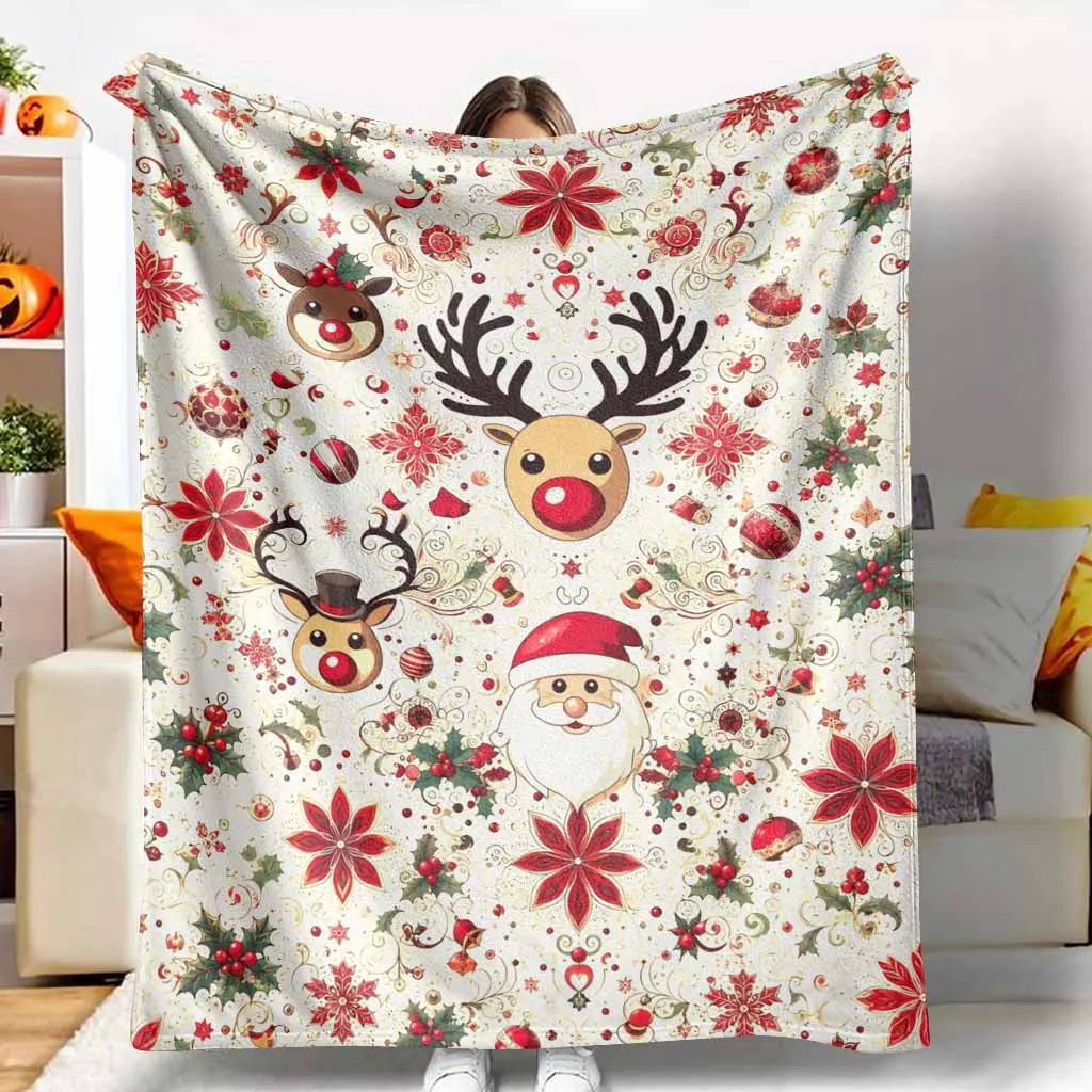 Christmas Reindeer Flannel Throw Blanket, Santa-Poinsettia-Holly Ornament Print, Soft Warm Lightweight Plush, for Sofa Bed Holiday Decor, Winter Home Gift