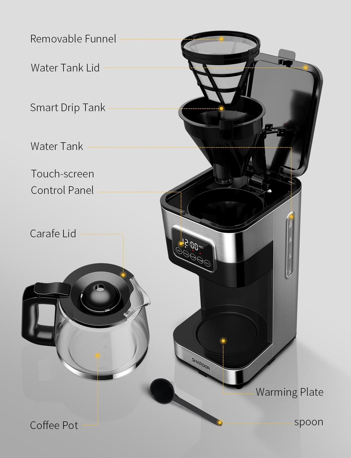 SHARDOR  10-Cup Drip Coffee Maker with Touch-Screen Programmable, Stainless Steel Brew Coffee Machine, Pause & Serve, Regular & Strong Coffee Brewer, Black