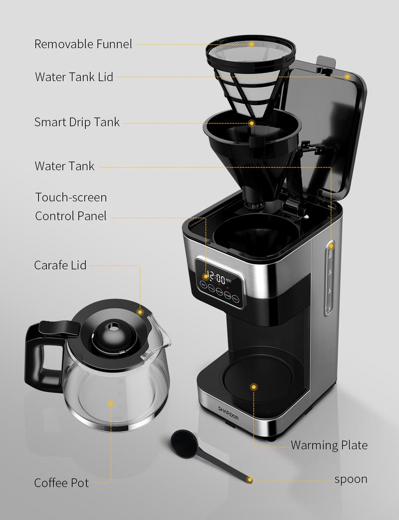 SHARDOR  10-Cup Drip Coffee Maker with Touch-Screen Programmable, Stainless Steel Brew Coffee Machine, Pause & Serve, Regular & Strong Coffee Brewer, Black