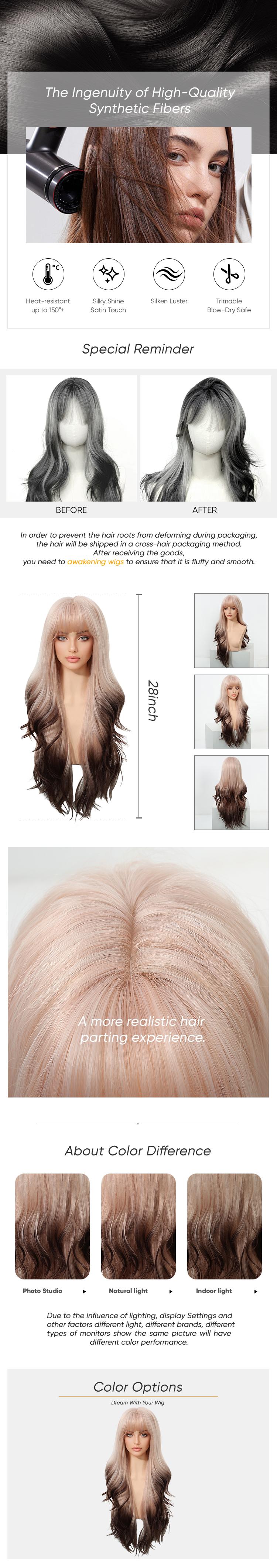 Nyssa C-DWY Long-length Wave Pink Gradient Brown with Bangs Big Scalp Area Glueless Synthetic Wig for Women 28 Inches