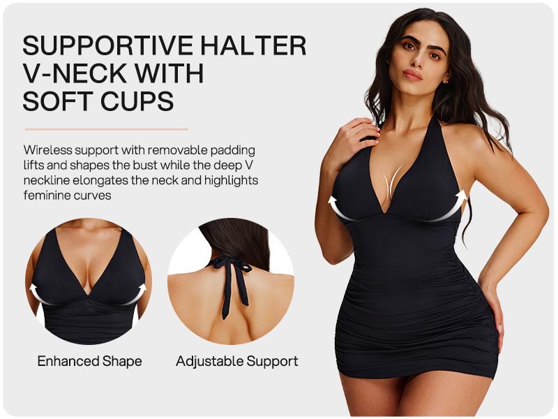 Lilylove 2026 New Women's Halter Tankini Set Ruched V-Neck Sculpting One Piece Swimsuit Tummy Control Slimming Snatched Waist Shapewear Bathing Suit Swimwear Swimming Beach