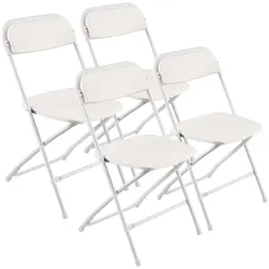 4 Pcs White Foldable Plastic Chairs with Heavy-Duty Metal Frame, Portable & Stackable for Indoor/Outdoor Use (Home, Yard, Garden, Parties, Events)