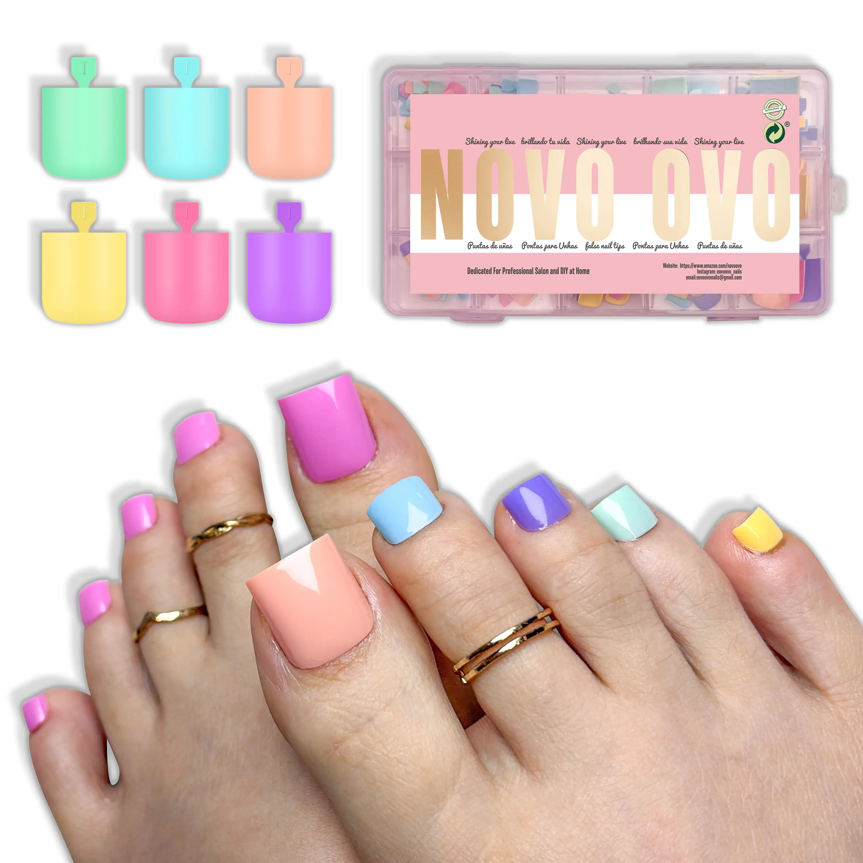 NOVO OVO Press on Toenails Kit, 180 Pcs Soft Gel Full Cover Acrylic Toe Nails, Sharp Tips in 6 Pastel Shades & 15 Sizes, Nail Art Design Multi-Pack, Beauty Products, Gift For Girlfriend