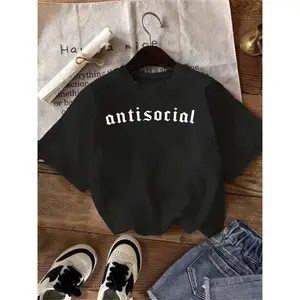 Women's Casual Short Sleeve T-Shirt - Black with White "Antisocial" Print, Dark Academia Style, Soft Breathable Fabric, Machine Washable, Versatile Casual Attire, Birthday & Holiday Gift for Women & Teens