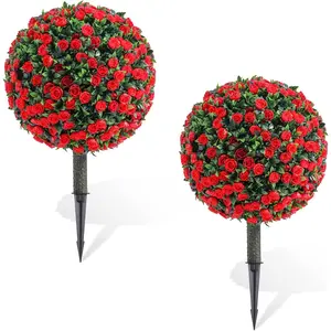Set of 2 Artificial Topiary Stakes in the Shape of Red Roses, PE Flowers and Leaves on Plastic Stems with Metal Stakes, 55 cm x 30 cm