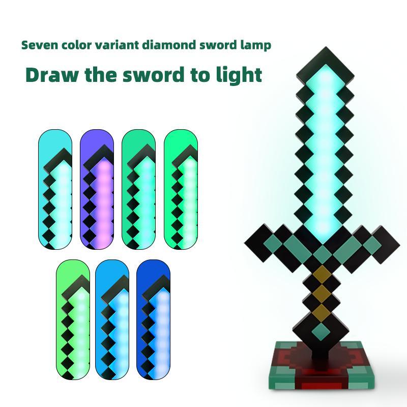 Diamond Sword 14 Inch USB Desktop LED Night Light - Decorative Fun, Safe and Awesome Bedside Mood Light Toy for Boys, Teens Adults and Gamers, Best for Home Bedroom, Living Room or Office, Battery Operated Flameless Pillar Candle
