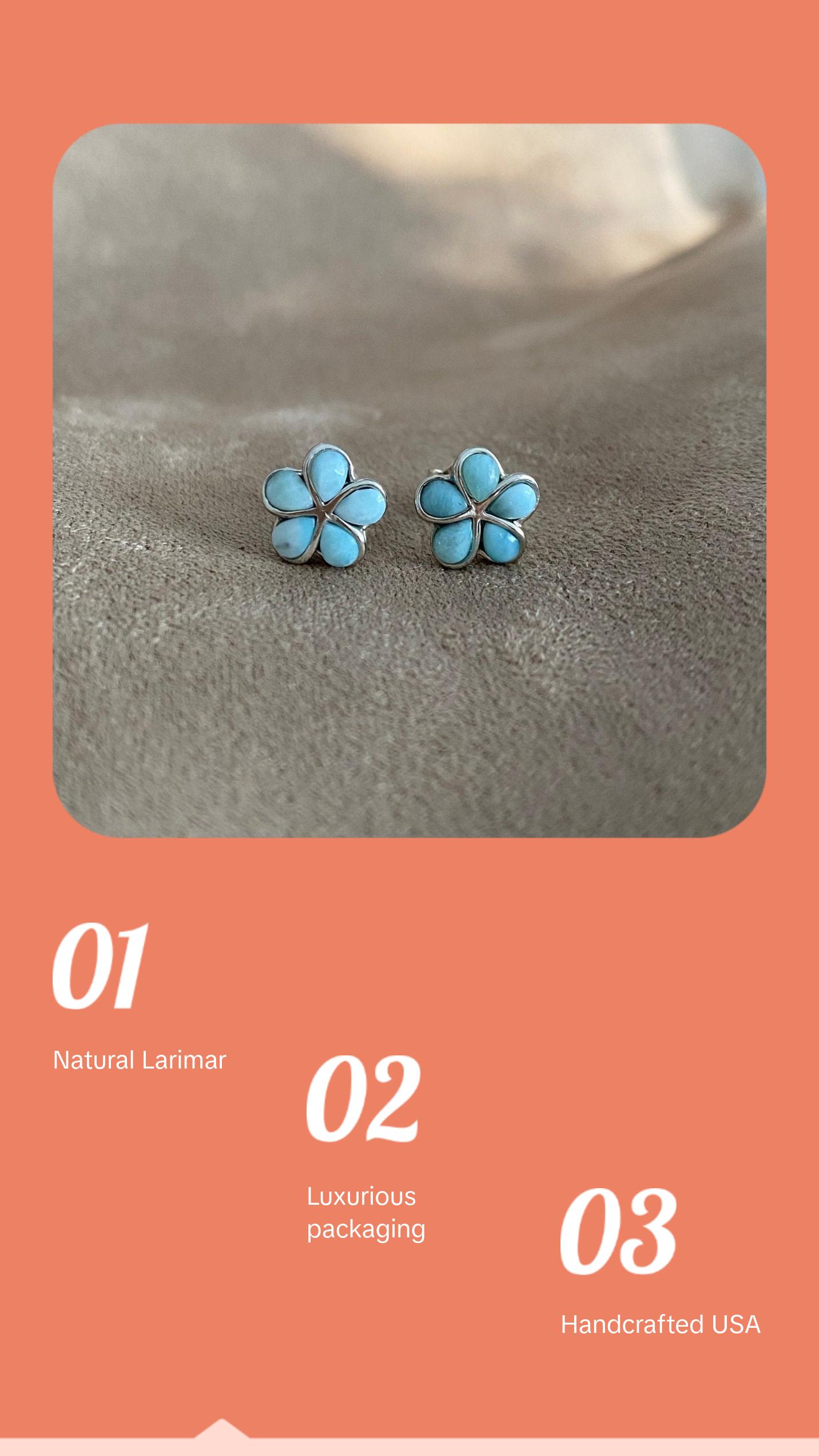 Sterling Silver Flower Earrings with Natural Larimar Gemstone