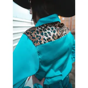 Aqua Leopard Satin Rodeo Shirt