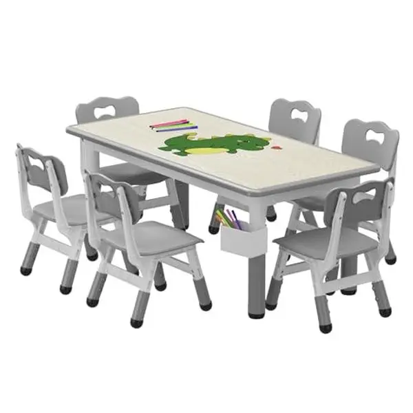 Kids Height-Adjustable Furniture Table Set with 6 Chairs, Graffiti Tabletop, Non-Slip Legs, for Toddlers Ages 2-10, Nursery & Classroom Use