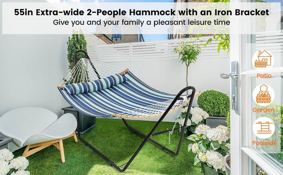 【2-3 People, Double Stand】Yaheetech Heavy-Duty 55in Hammock with Steel Stand, Padded Hammock for Outdoor Balconies/Porches/Patios/Decks/Backyards, 475LB Capacity