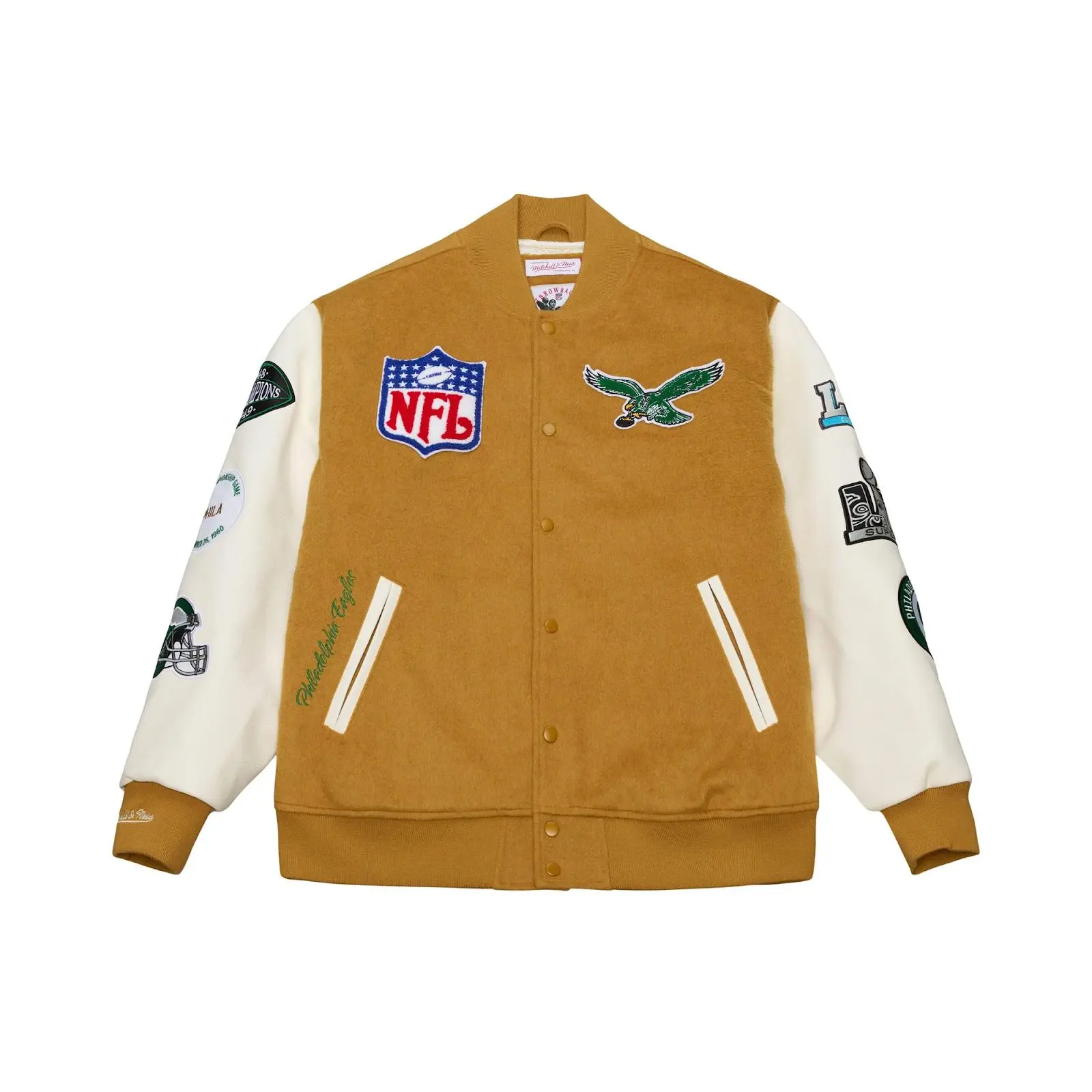 Philadelphia Eagles Brown/Cream Dusted Varsity Full-Snap Jacket Philadelphia Eagles Brown/Cream Dusted Varsity Full-Snap Jacket