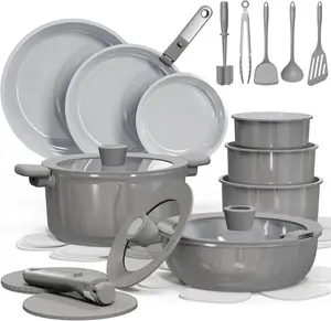CAROTE 27pcs Ceramic Cookware Set Nonstick, Pots and Pans Set Non Stick, Non Toxic Cookware Detachable Handles, Dishwasher/Oven Safe, RV/Camping Cookware, Pan and Pot with Kitchen Utensils, Dark Gray
