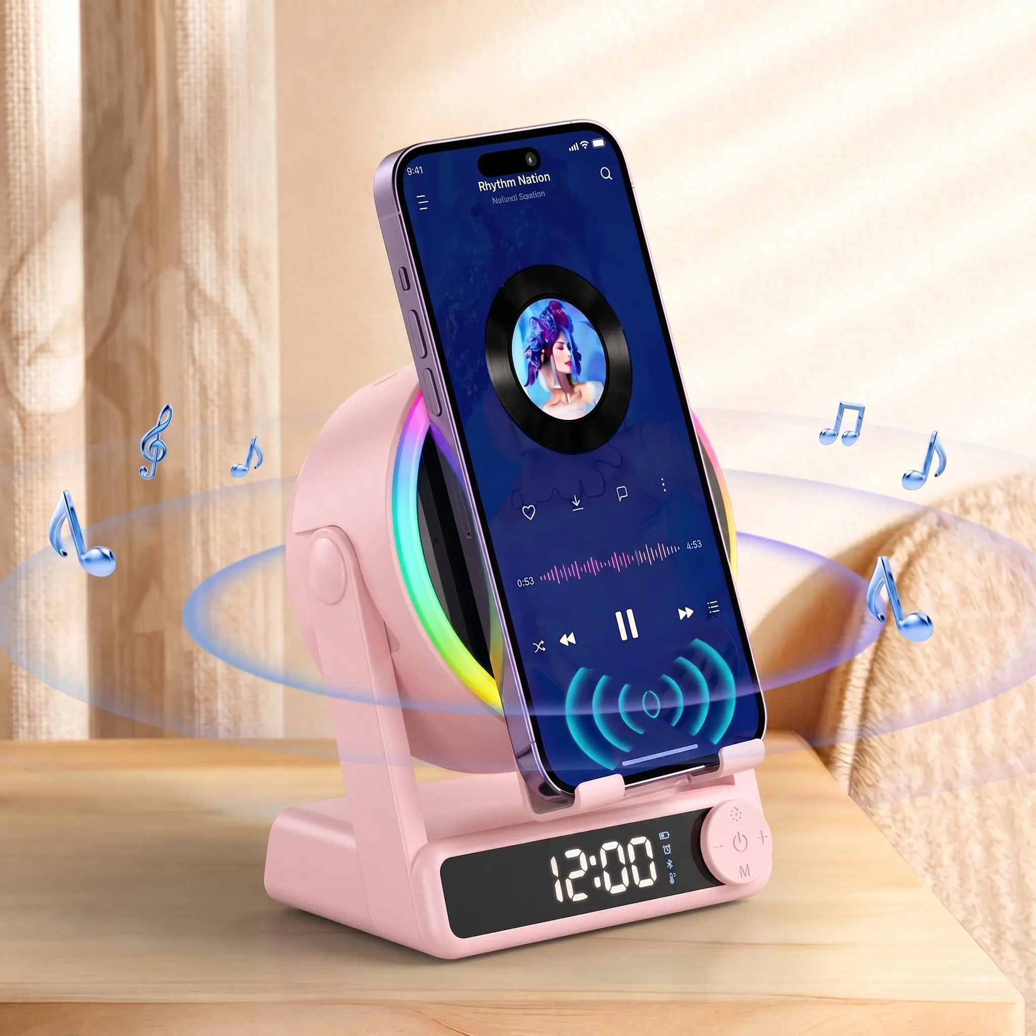 MFHHMF Bluetooth Wireless Inductive Audio Speaker Stand - 5-in-1 Cellphone/Tablet Holder, 1500mAh Rechargeable Emergency Power Bank, 360° Adjustable, Colorful Ambient Light, Gift for Men/Women