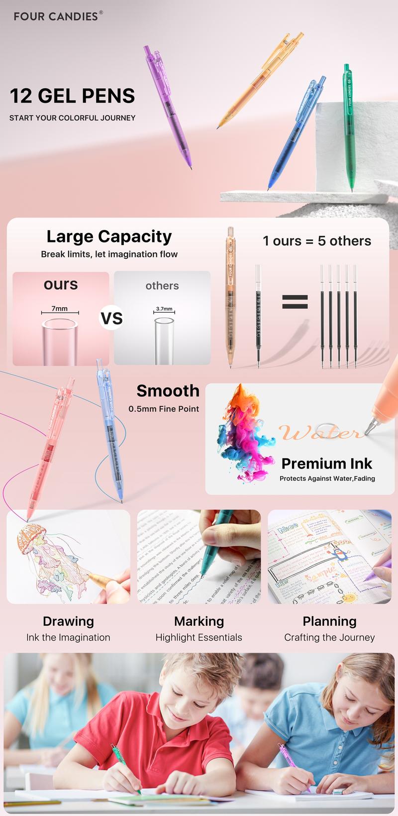 Four Candies 12Pack 0.5mm Quick Dry Retractable Gel Pen Set, Cute Transparent Fine Point Multicolor Note Taking Aesthetic lnk Pens,Comfort Grip 12 Ink Colored Pens Writing Drawing Journaling,Design,Office Stationery & Supplies,Students Back to School Gift