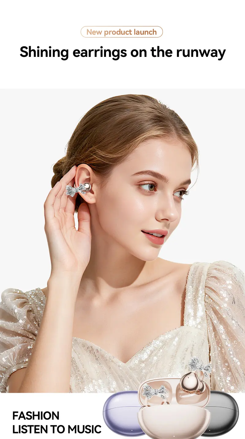 Rose Gold Finish On-Ear Bluetooth 6.0 Clip-On Headphones with DT6.0 Pulse Tech, 360° Sound, IPX5 Waterproof, Light Fit, Call Control, Earbuds Bluetooth for Sports, Cells, Music