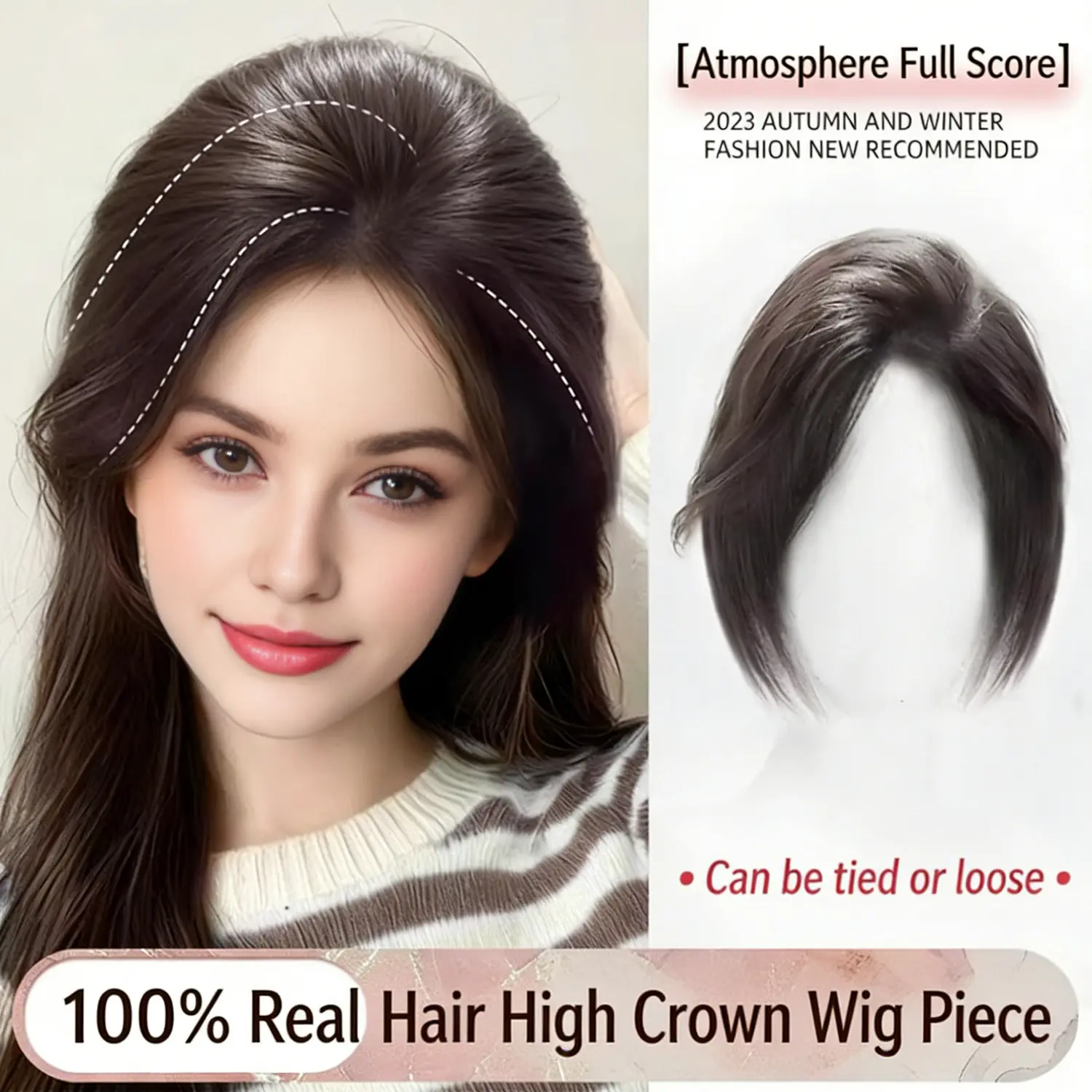 Hand Tied Breathable Hair Topper with Curtain Bangs, Clip In Lightweight Wiglet Black with Pink Highlight Hair Topper with Bangs Clip in 3D  main image 2