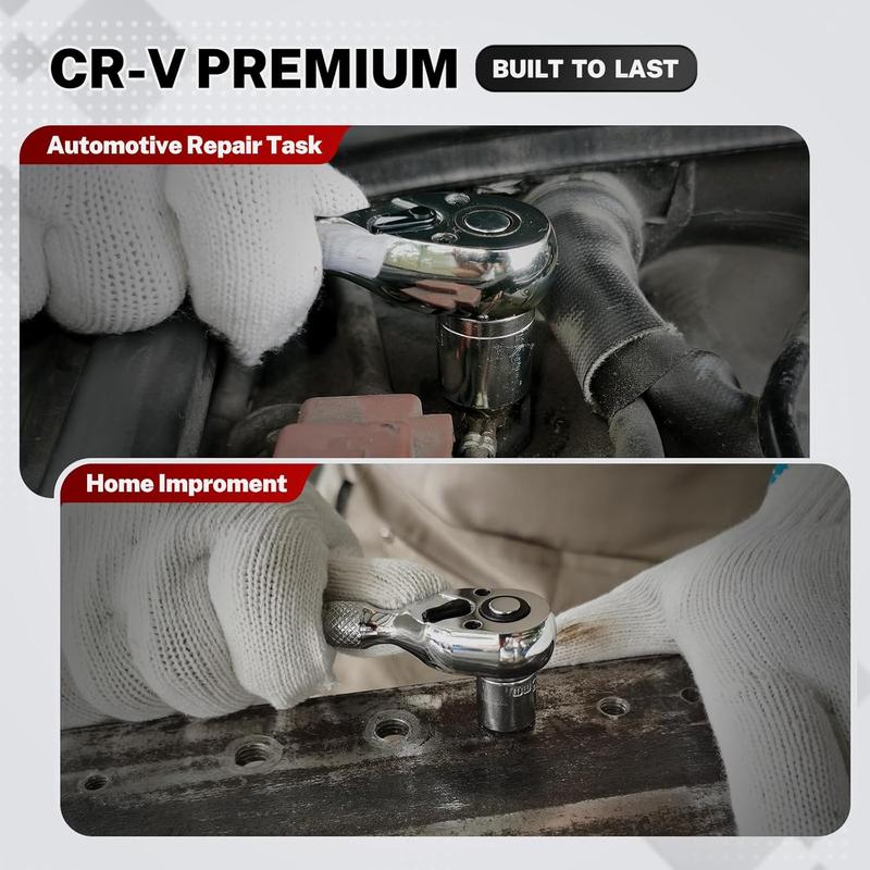 Ratchet Set, 1/4", 3/8", 1/2" Drive Ratchet Stubby Handle Wrench, 72-Tooth Quick-Release Reversible Wrench Set, Professional Hand Tool