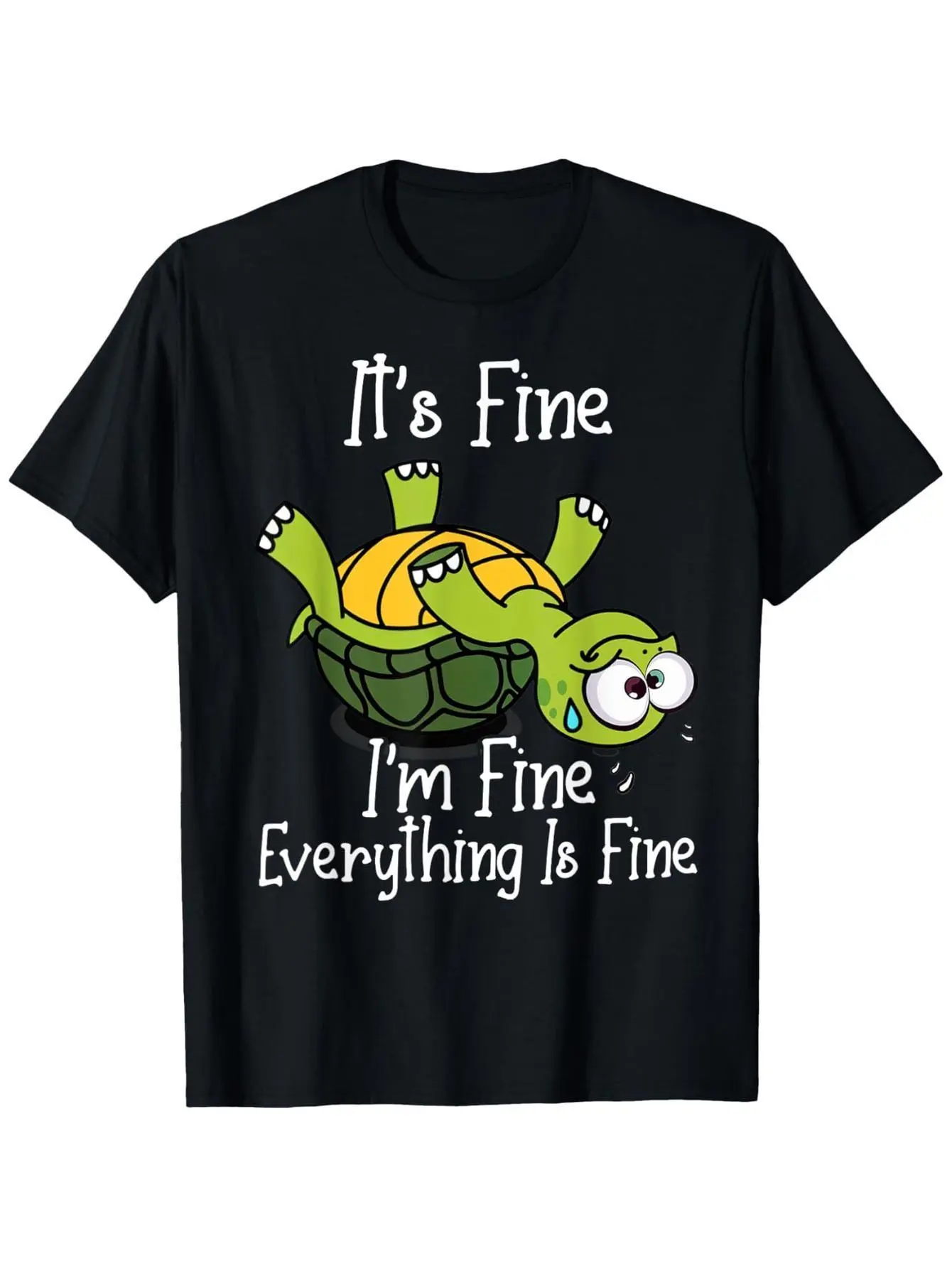 "It's Fine, I'm Fine, Everything Is Fine" Turtle Graphic Tee – Funny Mental Health T-Shirt, Soft Black Short Sleeve, Gift for Family & Friends