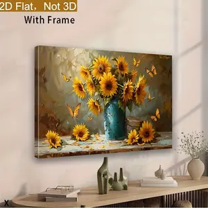 2D flat framed, sunflower still life canvas art wooden frame, vivid yellow sunflowers and blue vase abstract texture background, modern vintage home decor, suitable for living room, bedroom, kitchen, office perfect housewarming gift, 2D Flat	