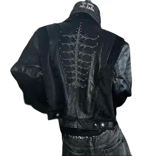 Unisex Darkwind Loose Casual Long-Sleeve Leather Jacket — Patchwork design, snake print and tropical diamond dragon pattern, velour panels, niche fashion statement, couples’ basic style, for everyday commuting