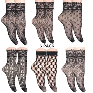 6 Pairs Lace Ankle Socks for Women Sheer Mesh Fishnet Ultra Thin Nylon Socks Women’s Black Sexy See Through Socks for Spring Summer 6 Different Designs Pack