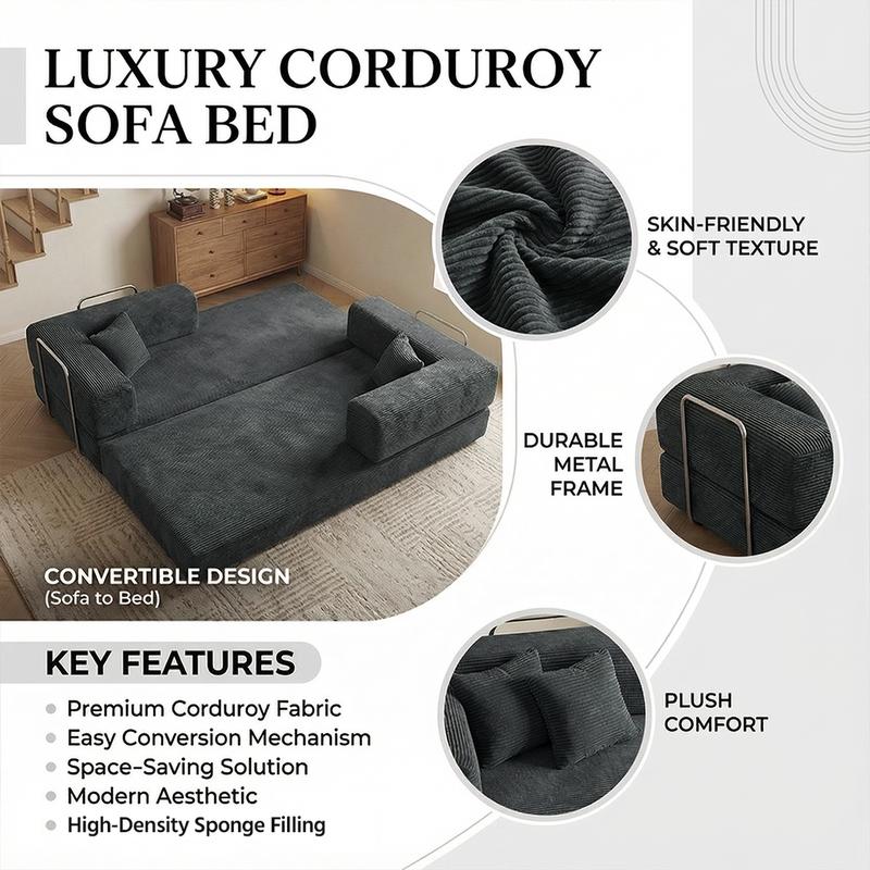 79" Convertible Sleeper Sofa Bed with Cylindrical Pillow Corduroy Folding Mattress Couch Fixed-Shape Frame Modular Compressible Living Room Sofa Set Vintage Suede Comfortable Lounge Chair Lazy Sofa Bean Bag Bedroom Sleeper Modern Cloud Loveseat