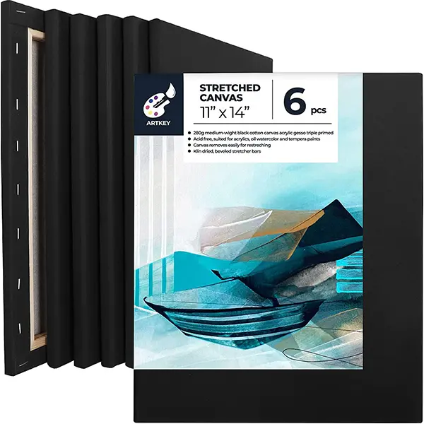 Artkey Black Canvas, 11x14 Inch 6-Pack Stretched Canvases for Painting, 10 oz Triple Primed Acid-Free 100% Cotton Black Canvas for Painting, Paint Canvas for Acrylics Pouring Oil Watercolor Paints