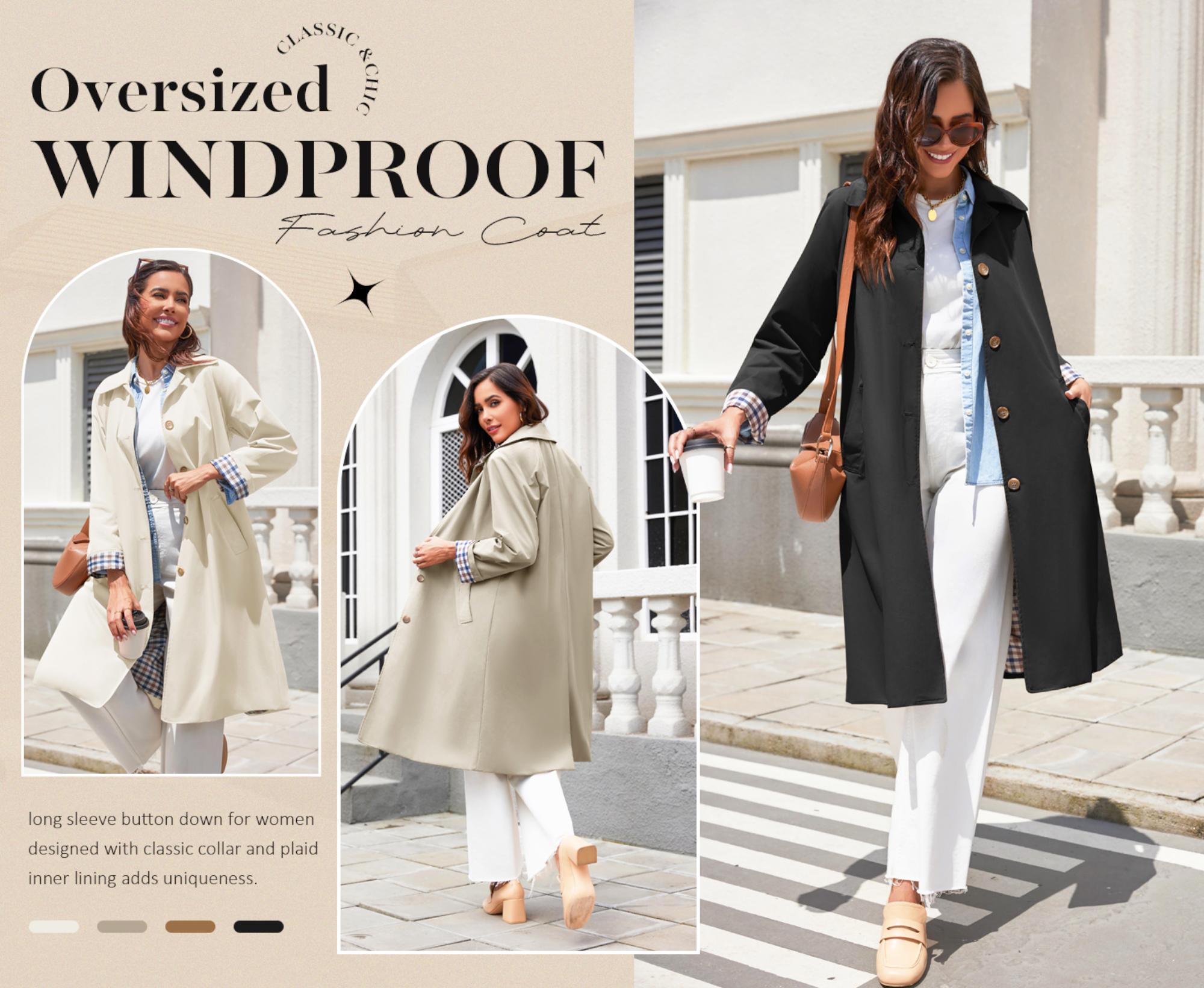 Design detail of Women's Oversized Plaid Button-Down Trench Coat with a button-front closure