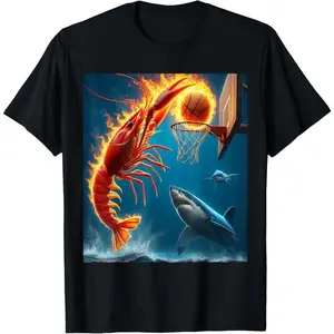 [Cotton graphic tees]men gifts Casual shortsleeve tops Shrimp Dunking on Shark Funny T-Shirt Menswear Vintage