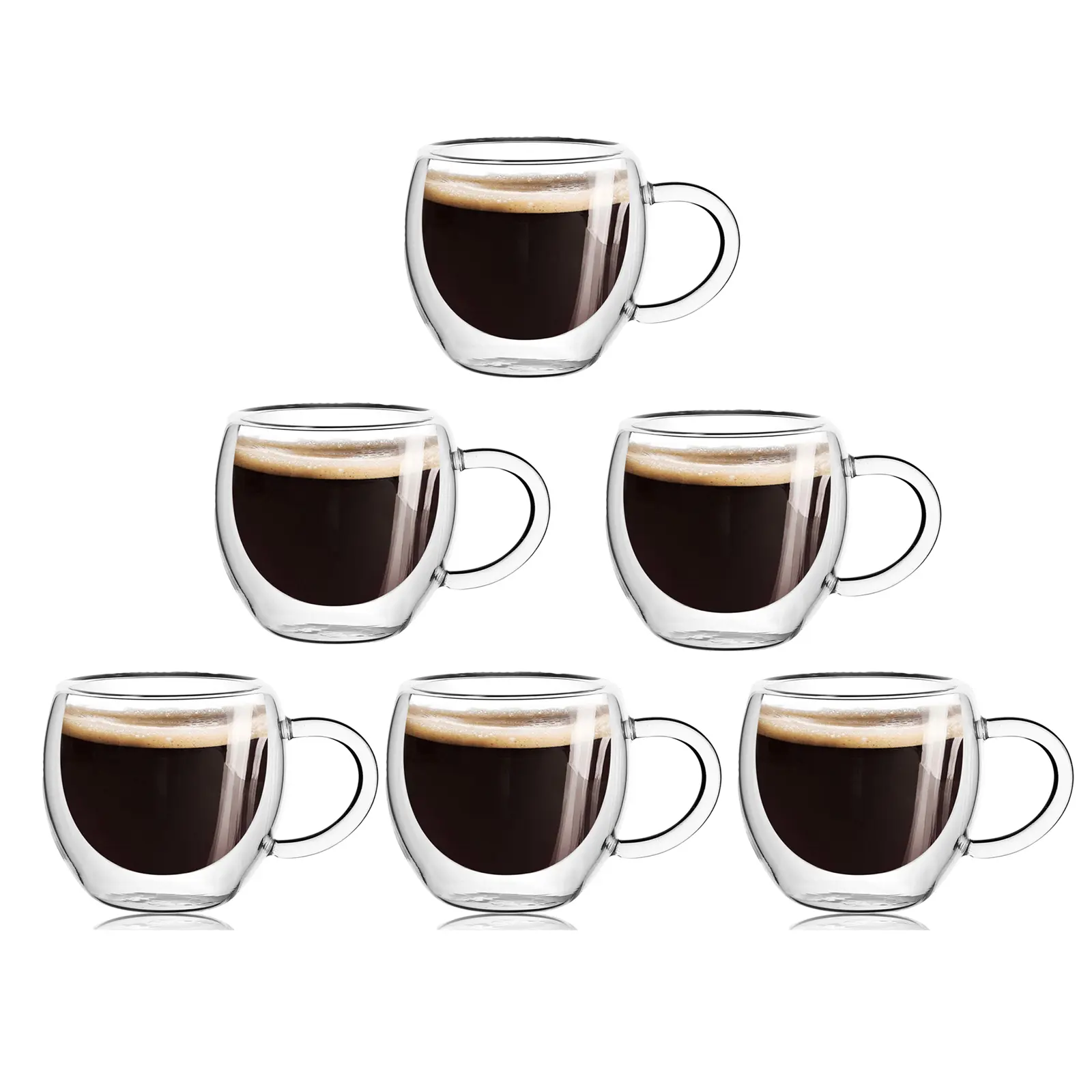 6-Pack 2.5oz Double Walled Glass Coffee Mugs - Insulated Espresso Cups with Handle - Clear Borosilicate Glass for Latte, Espresso Machine,Cappuccino & Tea