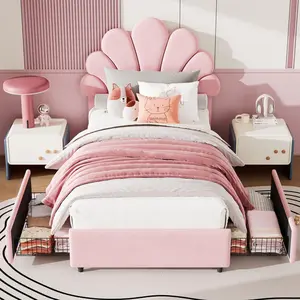 Twin Size Bed Frame for Kids - with 2 Storage Drawers, Cute Velvet Princess Platform Bed with Upholstered Headboard for Girls/Boys, Solid Wood Slats Support, No Box Spring Needed, Easy Assembly, Pink