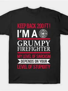 Men's Funny Firefighter Saying T-Shirt - "Keep Back! I'm a Grumpy Firefighter" - Bold Humor Graphic Tee with Fire Dept Badge Design - Heavyweight 100% Cotton Shirt - Ideal Gift for Firefighters, Firehouse Apparel - Birthday/Retirement Present for Firefigh