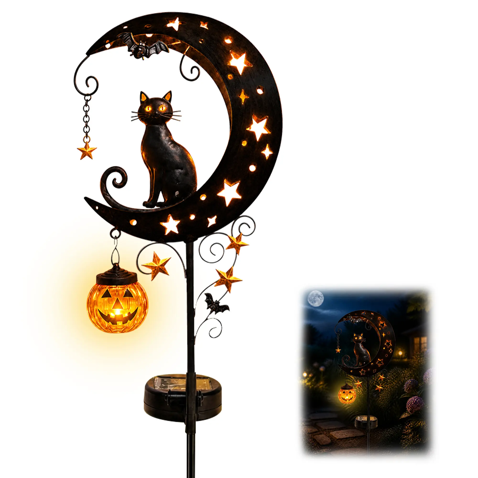 Solar Halloween Black Cat Garden Stake Light – Metal Crescent Moon & Pumpkin Lantern Yard Decor, Auto On/Off Waterproof LED Landscape Lighting for Patio Lawn Pathway