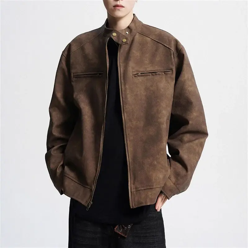 Vintage Brown Motorcycle Leather Autumn Merard Stand-up Collar Distressed Coat