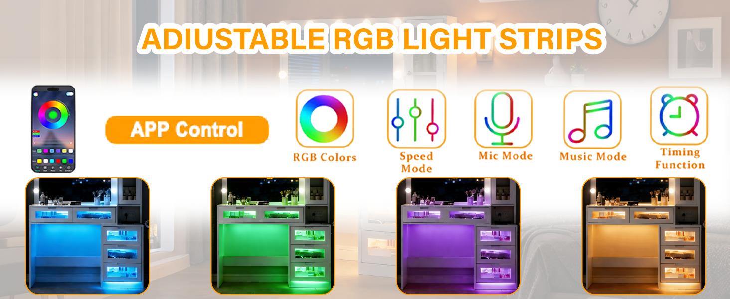 HUAYING Vanity Desk with LED Mirror, Side Cabinet & Charging Station, Makeup Vanity Table with Glass Door & Drawers, Dressing Table for Bedroom