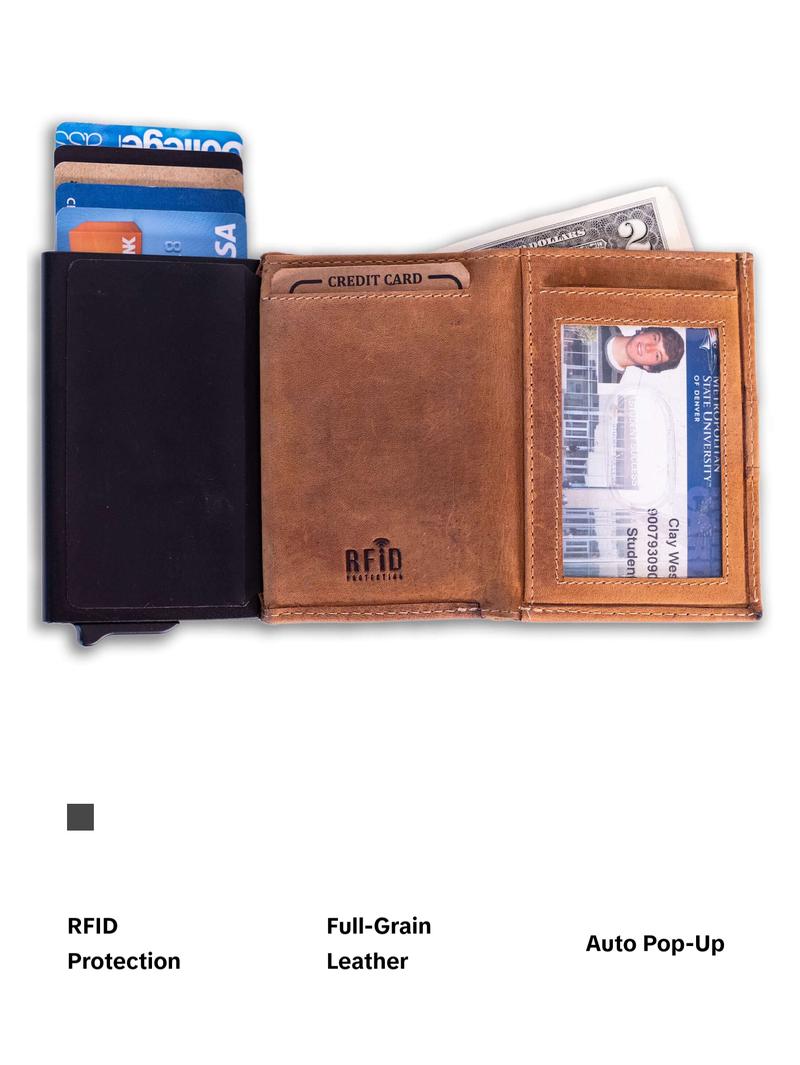 UC Leather Company Automatic Pop-Up Bifold Wallet Leather Compact RFID Blocking for Formal Occasions with ID Window & 8 Card Slots